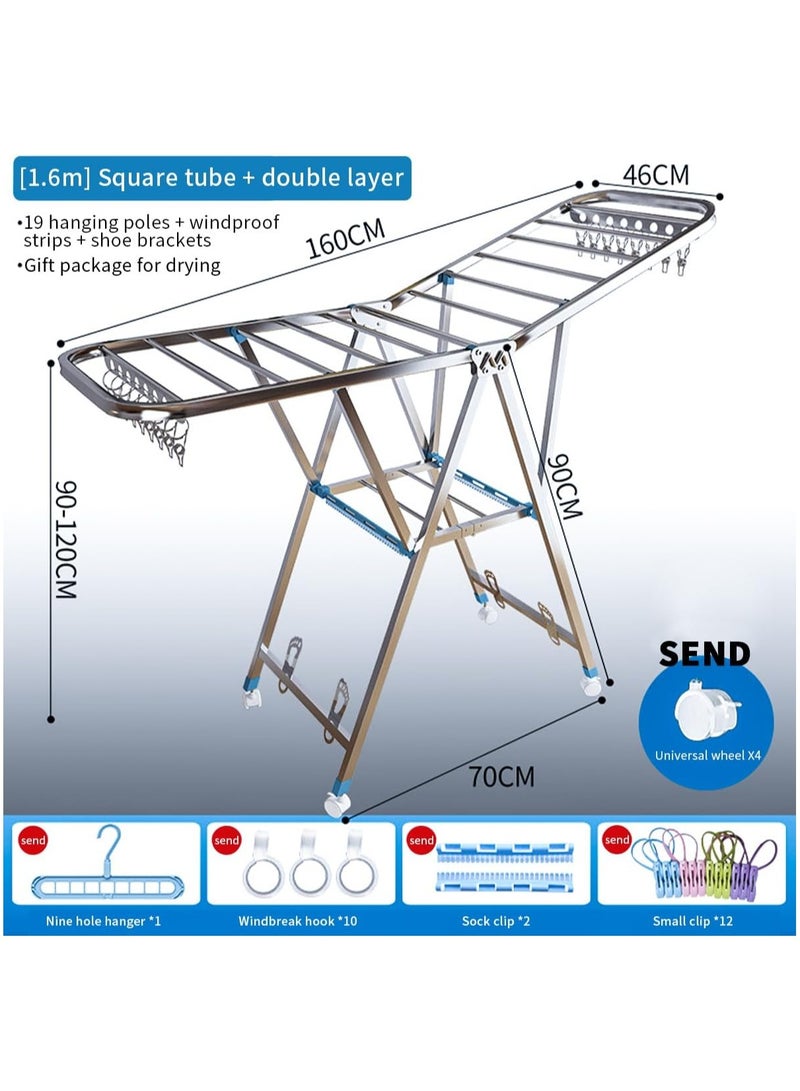 رف تجفيف الملابس، رف تجفيف ملابس قابل للطي من الفولاذ المقاوم للصدأ بثلاث طبقات مع حامل للأحذية وشريط مانع لتسرب الماء، رف ملابس معدني لتجفيف الملاءات والملابس والأوشحة - Image 3