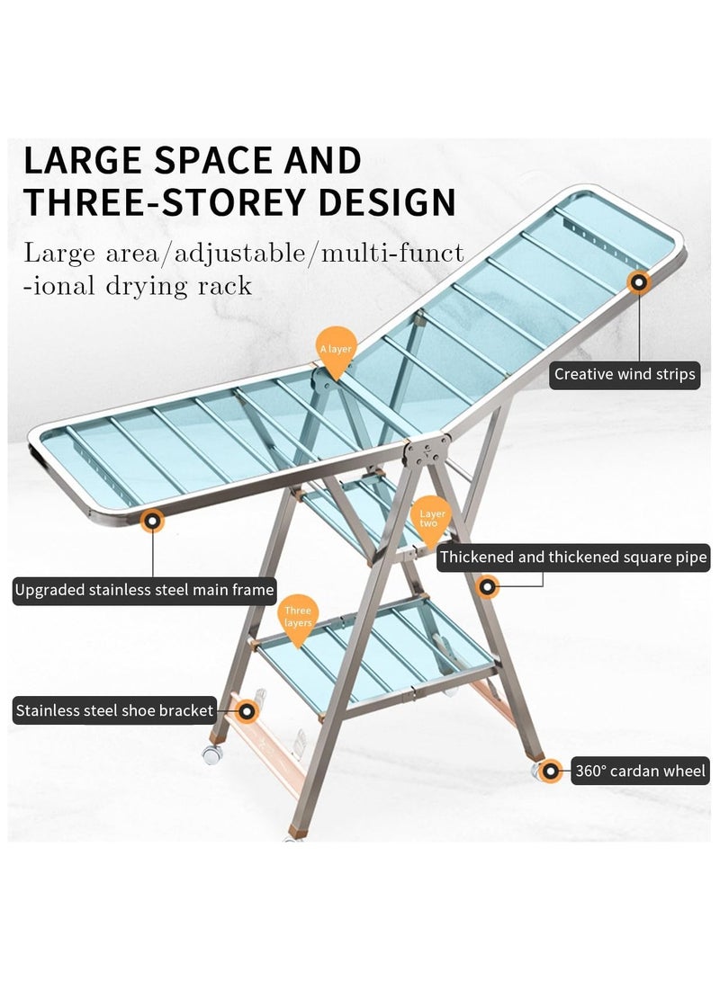 رف تجفيف الملابس، رف تجفيف ملابس قابل للطي من الفولاذ المقاوم للصدأ بثلاث طبقات مع حامل للأحذية وشريط مانع لتسرب الماء، رف ملابس معدني لتجفيف الملاءات والملابس والأوشحة - Image 4