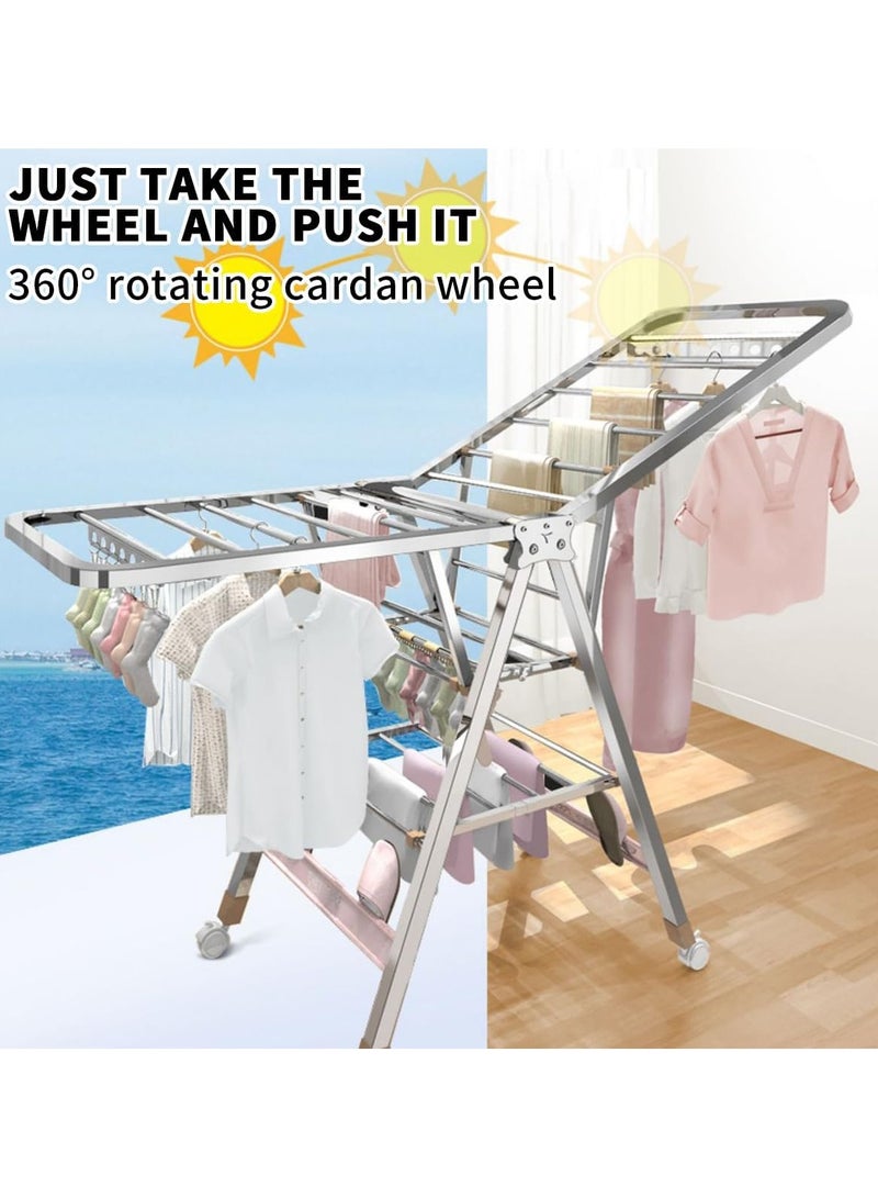 رف تجفيف الملابس، رف تجفيف ملابس قابل للطي من الفولاذ المقاوم للصدأ بثلاث طبقات مع حامل للأحذية وشريط مانع لتسرب الماء، رف ملابس معدني لتجفيف الملاءات والملابس والأوشحة - Image 5