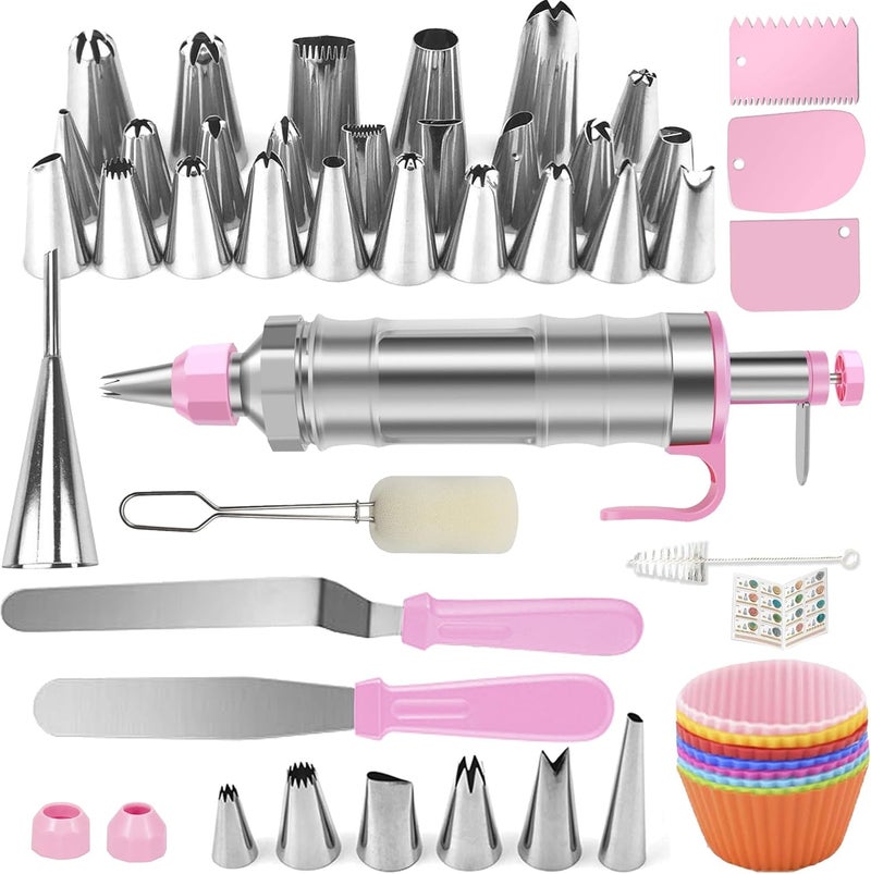 Boyun Dessert Decorating Syringe Set, Icing Piping Kit Stainless Steels Cake Decorating Tools 30 Piping Icing Nozzles Cupcake Decorating Kit - Pink - Image 1