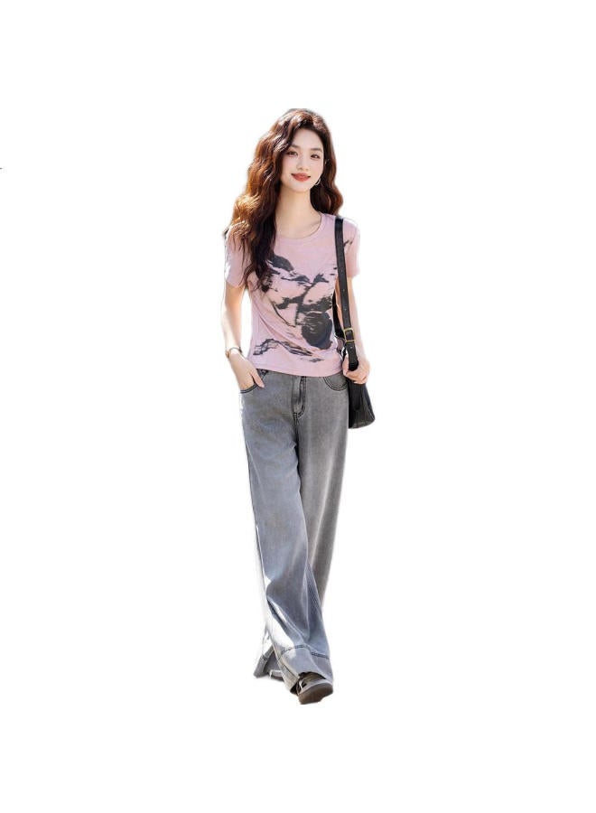dme 210G Ribbed Silk Summer Butterfly Print Slim Fit Elasticity Covering Flesh Women'S T-Shirt - Image 1