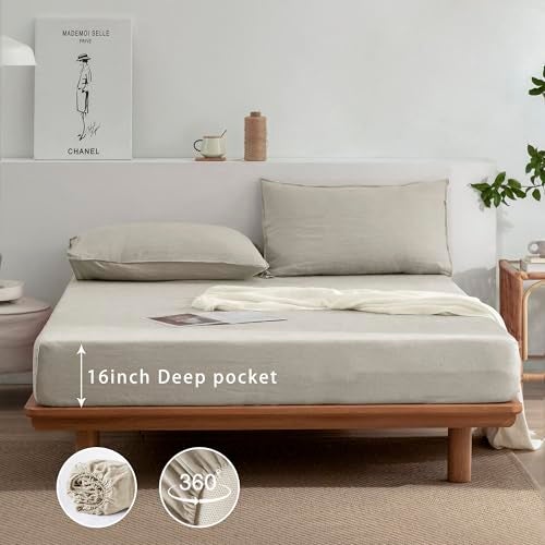 EVERLY Linen Sheets Set Queen Size,100% French Stonewash Pure Linen Sheets Set,4Pieces (1Flat Sheet,1Fitted Sheet,2Pillowcase) Suitable for Hot Sleepers,Not Dyed Deep Pocket Natural Bedding Set-Linen - Image 4