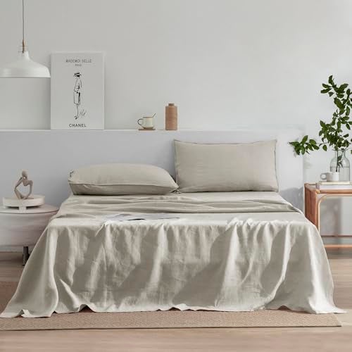 EVERLY Linen Sheets Set Queen Size,100% French Stonewash Pure Linen Sheets Set,4Pieces (1Flat Sheet,1Fitted Sheet,2Pillowcase) Suitable for Hot Sleepers,Not Dyed Deep Pocket Natural Bedding Set-Linen - Image 1
