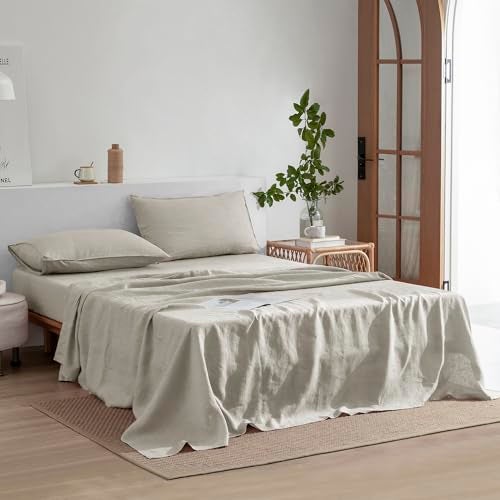 EVERLY Linen Sheets Set Queen Size,100% French Stonewash Pure Linen Sheets Set,4Pieces (1Flat Sheet,1Fitted Sheet,2Pillowcase) Suitable for Hot Sleepers,Not Dyed Deep Pocket Natural Bedding Set-Linen - Image 2