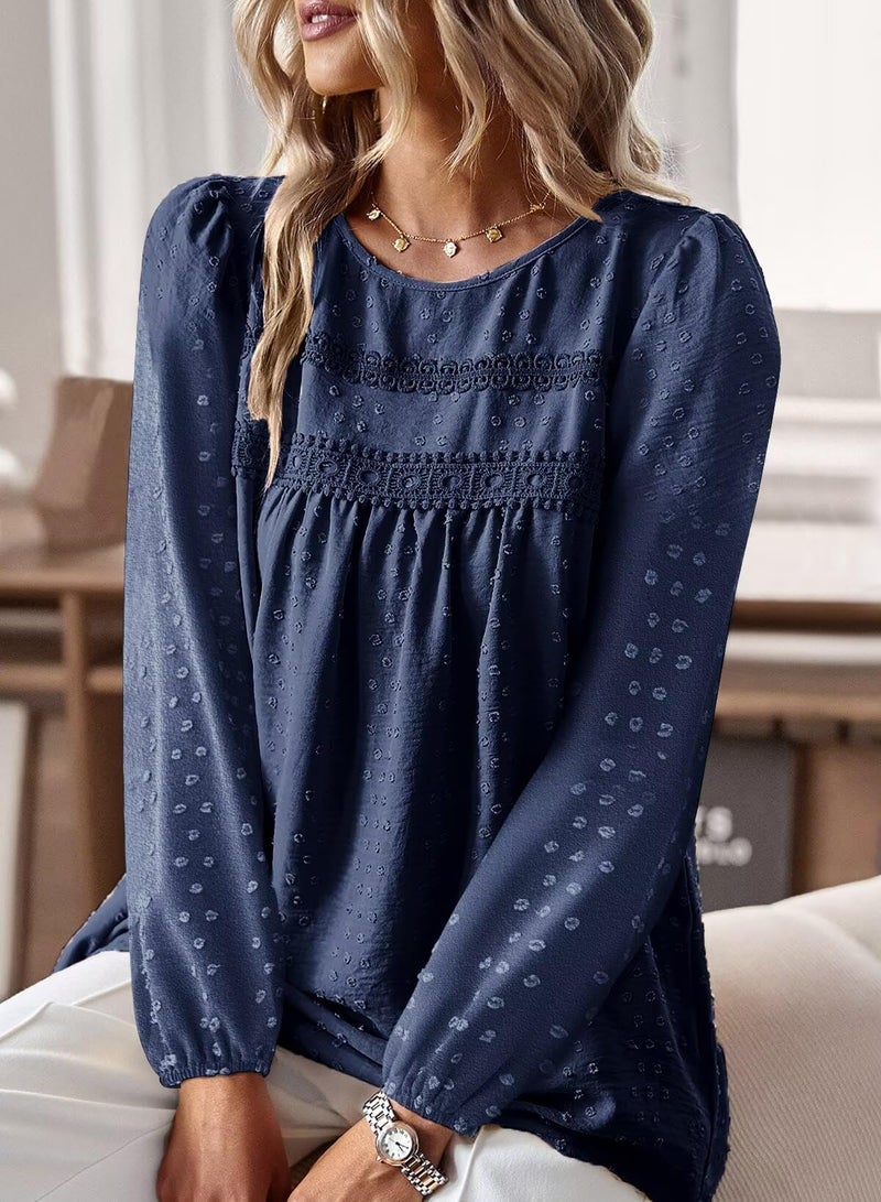 Falechay Going Out Tops for Women Tunic Top Round Neck Long Sleeve Spring Women Shirts Smocked Swiss Dot Spring Blouses Boho Clothing Plus Size XL Navy Blue - Image 2