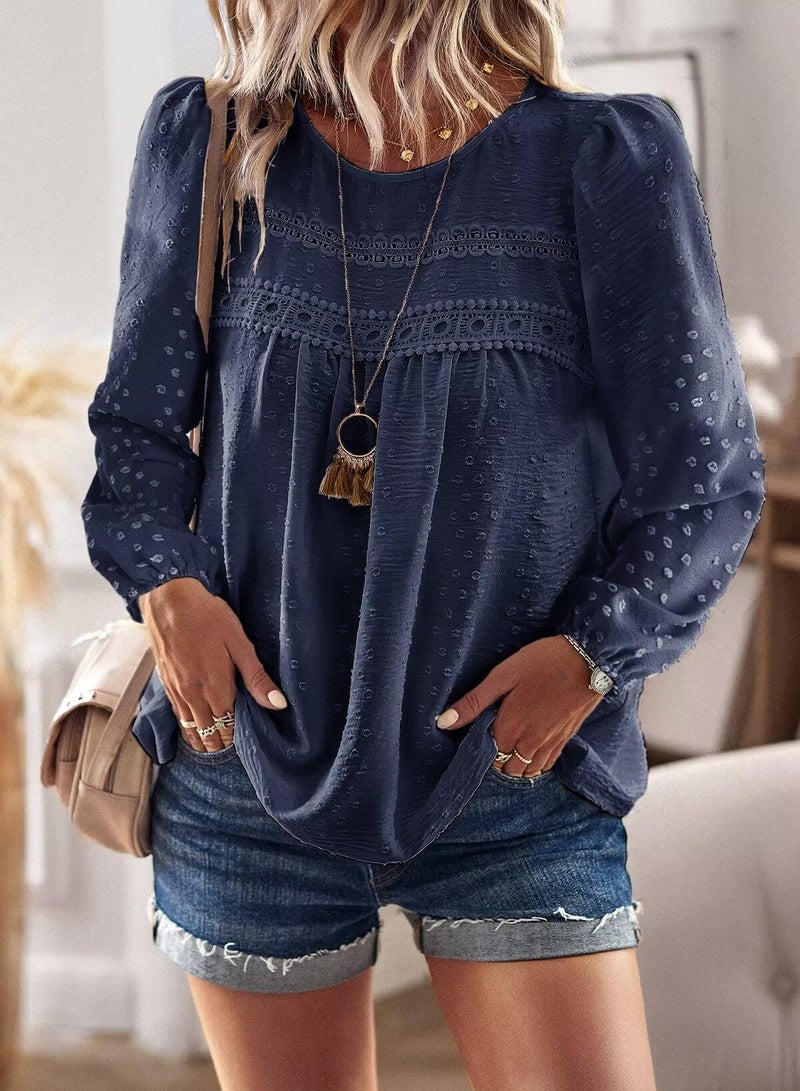 Falechay Going Out Tops for Women Tunic Top Round Neck Long Sleeve Spring Women Shirts Smocked Swiss Dot Spring Blouses Boho Clothing Plus Size XL Navy Blue - Image 5