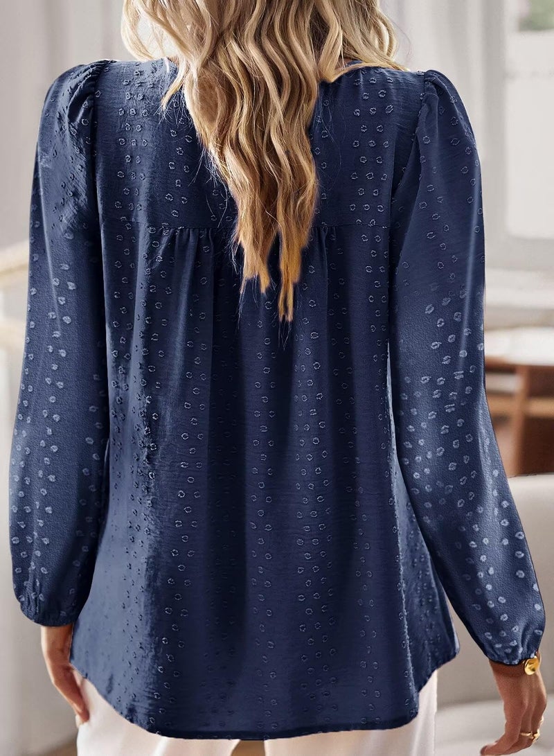 Falechay Going Out Tops for Women Tunic Top Round Neck Long Sleeve Spring Women Shirts Smocked Swiss Dot Spring Blouses Boho Clothing Plus Size XL Navy Blue - Image 3