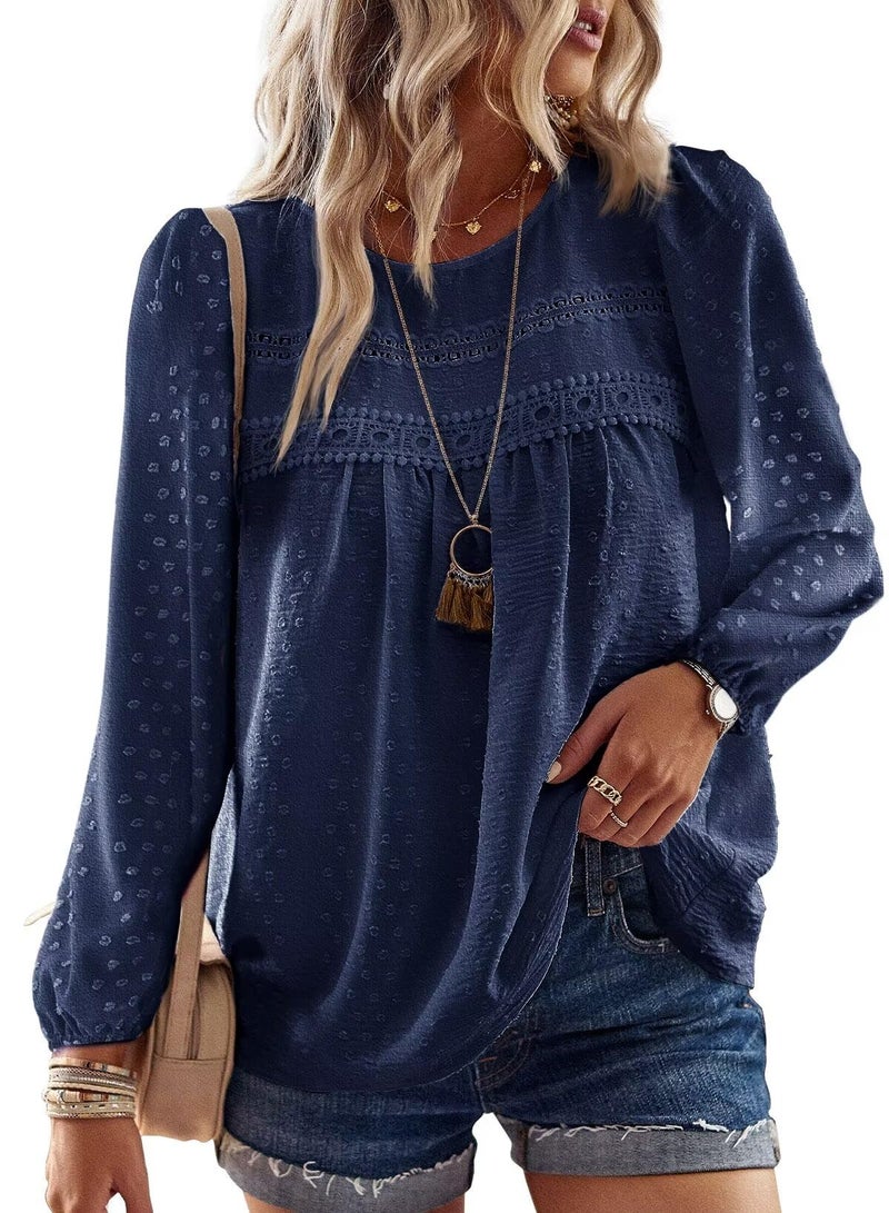 Falechay Going Out Tops for Women Tunic Top Round Neck Long Sleeve Spring Women Shirts Smocked Swiss Dot Spring Blouses Boho Clothing Plus Size XL Navy Blue - Image 1