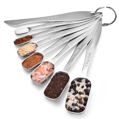 Doosu 188 Stainless Steel Measuring Spoons Doosu Heavy Duty Rectangular Spoon Square Teaspoon Tablespoon Scoop with Slim Long Handle in Narrow Spice Jar for Kitchen Baking Cooking Set of 8 with Leveler - Image 1