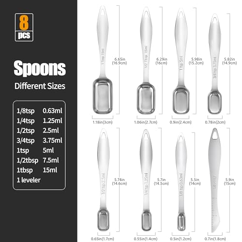 Doosu 188 Stainless Steel Measuring Spoons Doosu Heavy Duty Rectangular Spoon Square Teaspoon Tablespoon Scoop with Slim Long Handle in Narrow Spice Jar for Kitchen Baking Cooking Set of 8 with Leveler - Image 3