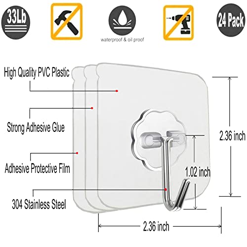 Jwxstore Stainless Steel Adhesive Hooks Bathroom Kitchen Wall Hooks, No Nail Sticky Hangers with Reusable Utility Towel Bath Ceiling 24 Pack 22Lbs Heavy Duty Waterproof and Oilproof Transperent - Image 2