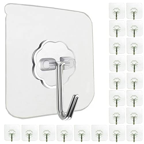 Jwxstore Stainless Steel Adhesive Hooks Bathroom Kitchen Wall Hooks, No Nail Sticky Hangers with Reusable Utility Towel Bath Ceiling 24 Pack 22Lbs Heavy Duty Waterproof and Oilproof Transperent - Image 1
