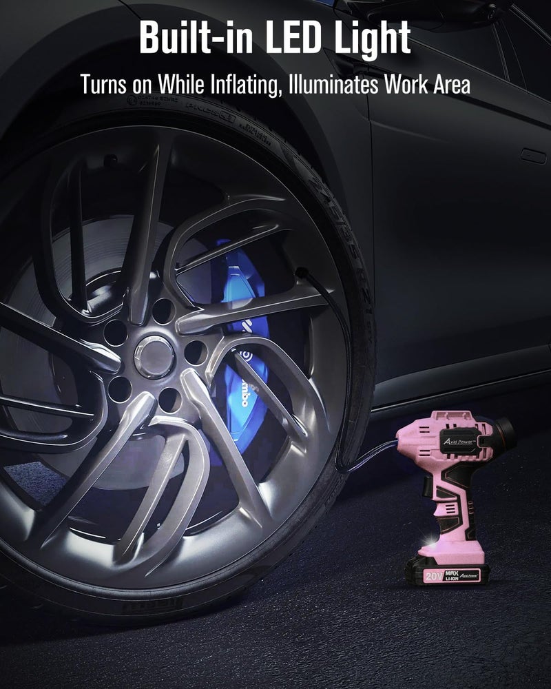 AVID POWER Cordless Tire Inflator Air Compressor, 20V Car Tire Pump w/ 12V DC Adapter, Rechargeable Li-ion Battery Operated Tire Compressor w/Digital Pressure Gauge, for Many Inflatables (Pink) - Image 5