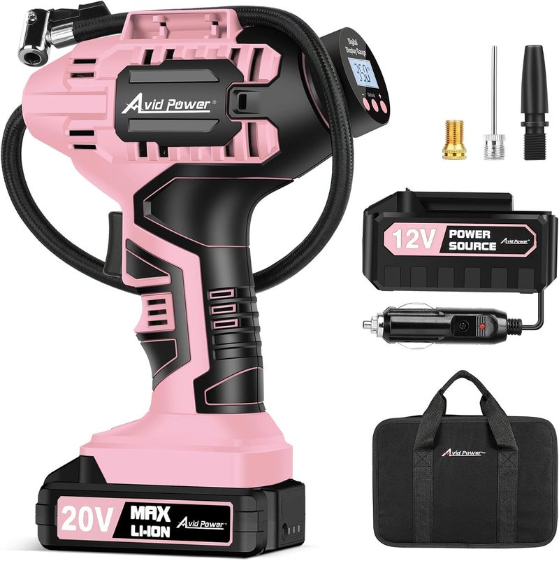 AVID POWER Cordless Tire Inflator Air Compressor, 20V Car Tire Pump w/ 12V DC Adapter, Rechargeable Li-ion Battery Operated Tire Compressor w/Digital Pressure Gauge, for Many Inflatables (Pink) - Image 1