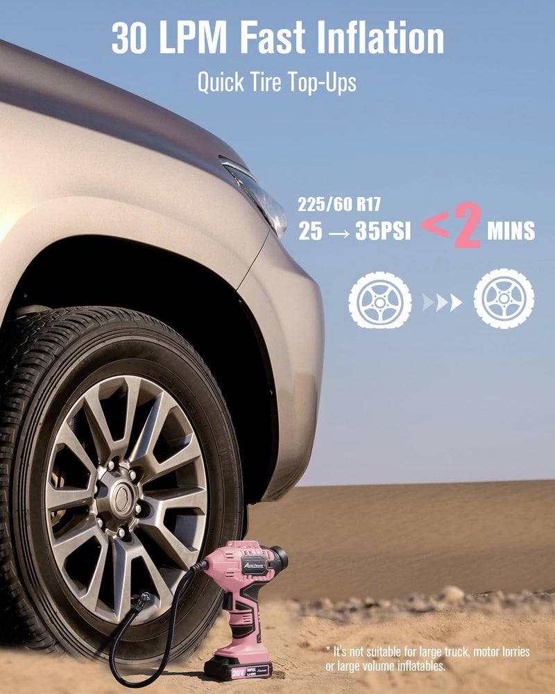 AVID POWER Cordless Tire Inflator Air Compressor, 20V Car Tire Pump w/ 12V DC Adapter, Rechargeable Li-ion Battery Operated Tire Compressor w/Digital Pressure Gauge, for Many Inflatables (Pink) - Image 2