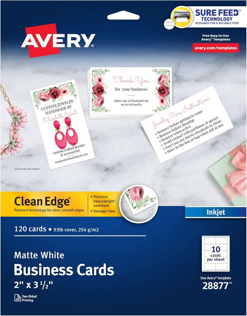 AVERY Two-Side Printable Clean Edge Business Cards for Inkjet Printers, White, Matte, Pack of 120 (28877) - Image 1