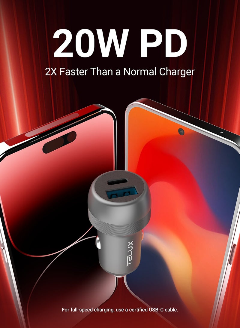 TELUX POWERGO 38W Fast Car Charger with 1.2M USB-C to USB-C Cable, Dual Port USB-C & USB-A, Car Adapter with LED Blue Light, Wide Compatibility for Mobile & Tablet - Image 3