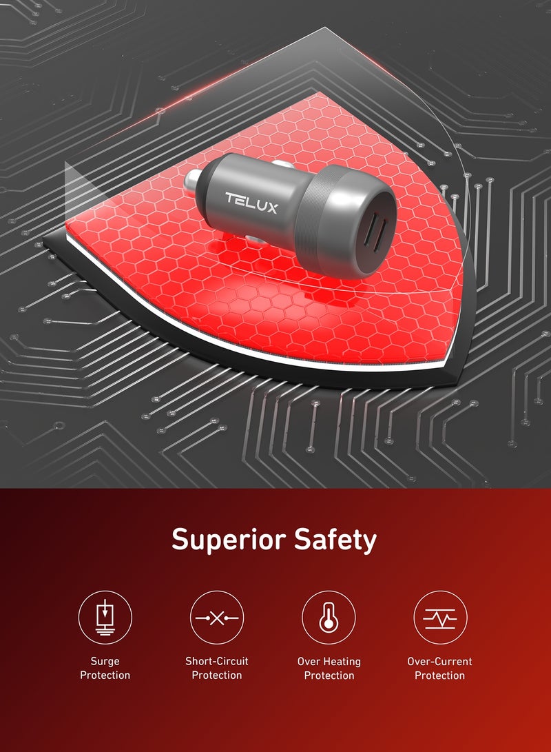 TELUX POWERGO 38W Fast Car Charger with 1.2M USB-C to USB-C Cable, Dual Port USB-C & USB-A, Car Adapter with LED Blue Light, Wide Compatibility for Mobile & Tablet - Image 4