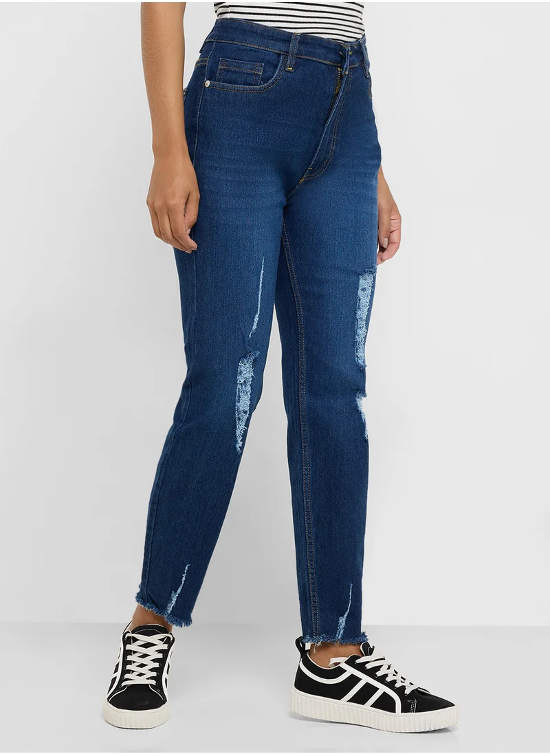 جينجر Ripped High Rise Skinny Jeans With Frayed Hem