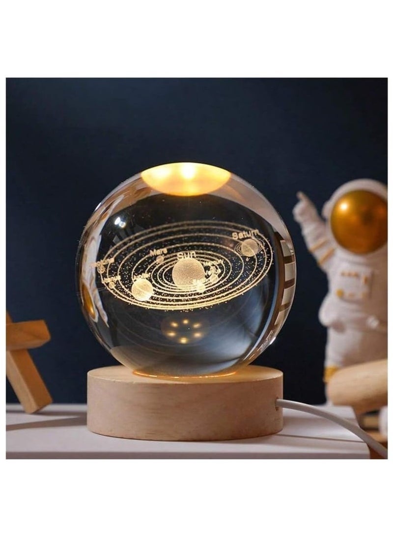 ميكسد كرة بلورية للنظام الشمسي - مصباح ليلي LED - كرة زجاجية ثلاثية الأبعاد على شكل مجرة ​​بقاعدة خشبية - Image 4
