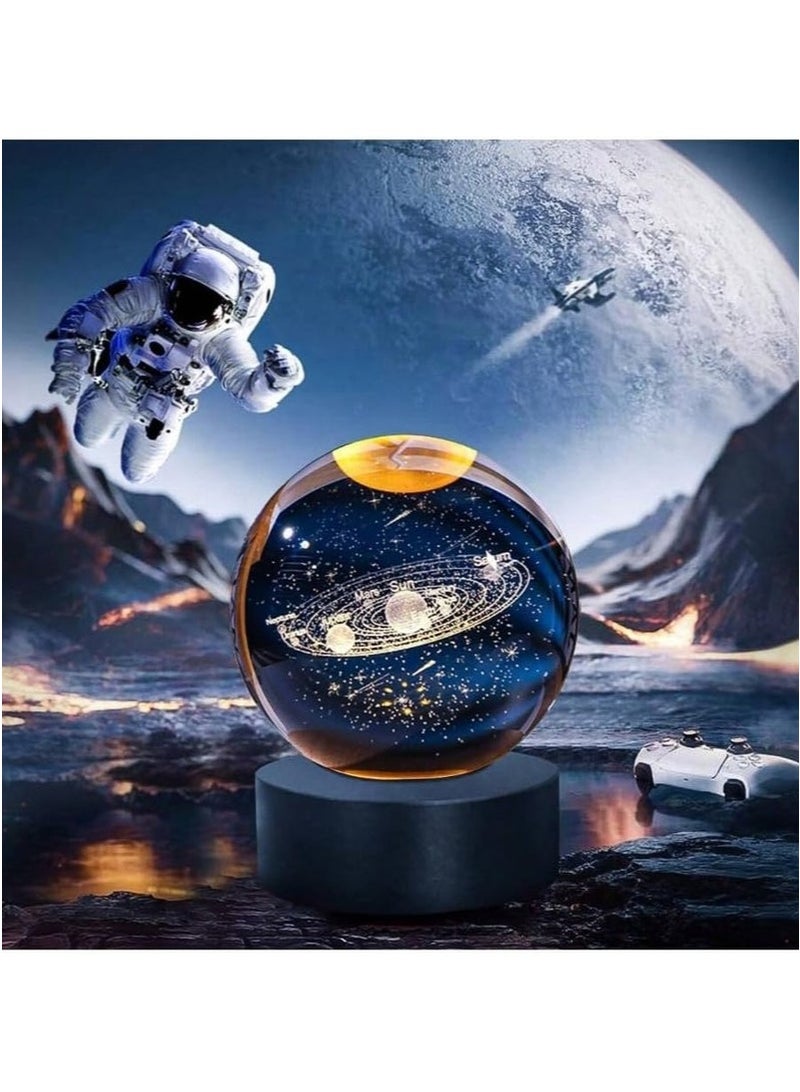 ميكسد كرة بلورية للنظام الشمسي - مصباح ليلي LED - كرة زجاجية ثلاثية الأبعاد على شكل مجرة ​​بقاعدة خشبية - Image 3