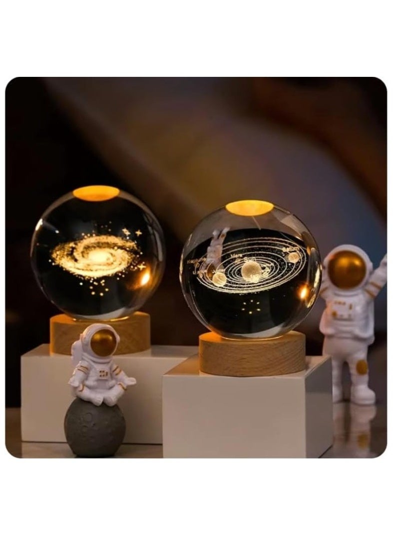 ميكسد كرة بلورية للنظام الشمسي - مصباح ليلي LED - كرة زجاجية ثلاثية الأبعاد على شكل مجرة ​​بقاعدة خشبية - Image 2