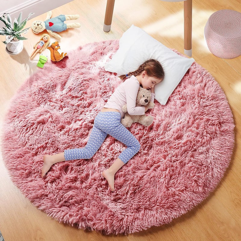 PAGISOFE Round Rug 4Ft Soft Blush Round Circle Rugs for Girls Room Decor Fluffy Bedroom Carpets Shaggy Rugs Small Teepee Furry Mat Comfy Reading Circular Rug Kids Nursery Room Decor