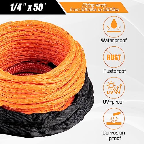 Autodunk Synthetic Winch Rope - 1/4" x 50ft 10,000LBS Winch Line with Protective Sleeve, Forged Winch Hook and Rubber Stopper, Synthetic Winch Cable for 4WD ATV UTV Offroad Vehicles Orange - Image 3