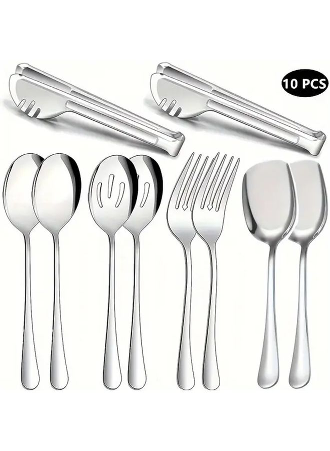 10 Piece Stainless Steel Serving Set Silvery Includes Spoons Forks Spatulas Tongs Dishwasher Safe - Image 1