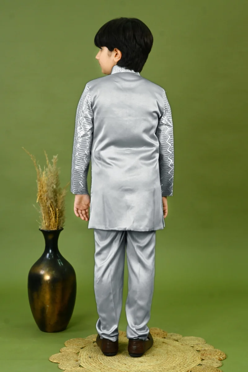 BT DEZINES Grey Satin Sherwani and Pants Set for Boys