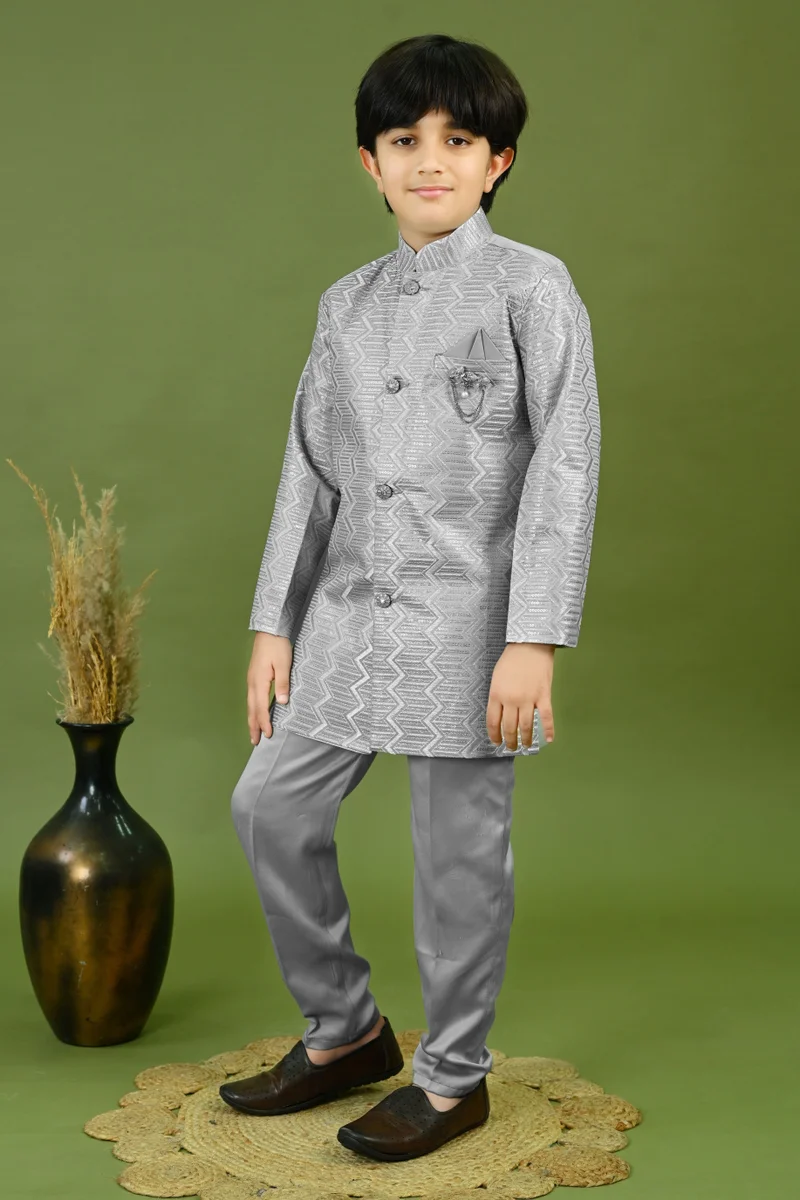 BT DEZINES Grey Satin Sherwani and Pants Set for Boys