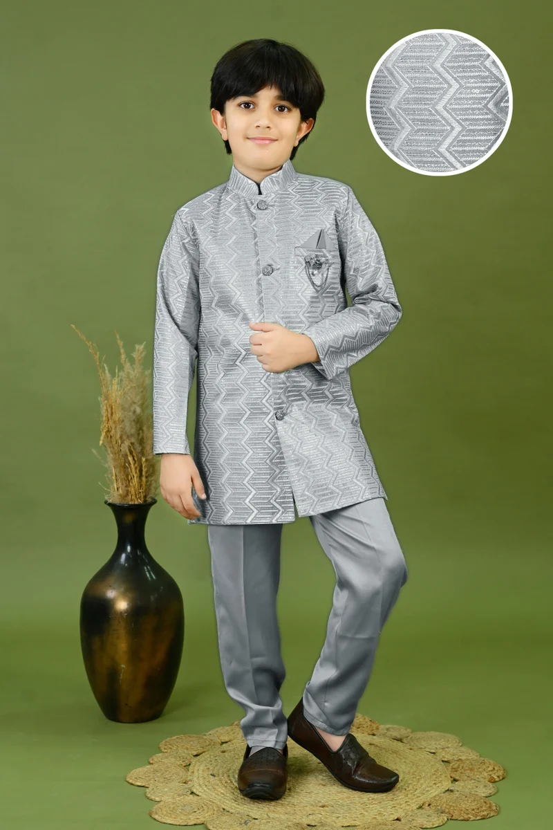 BT DEZINES Grey Satin Sherwani and Pants Set for Boys