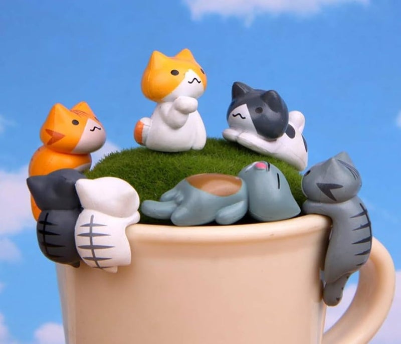 VRB Dec مجموعة تماثيل مصغرة VRB 4 قطع للديكور المنزلي، لوحة القيادة، عيد الحب، غرفة المعيشة، هدايا، تماثيل، عناصر تزيين الكعك، تماثيل للديكور المنزلي. (6 قطع قطة كسولة مصغرة) - Image 2