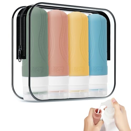 BendJoy 4 Pcs Travel Bottles For Toiletries With Organizer, 90Ml Silicone Shampoo Bottle Set For Shower Gel, Toiletry Essentials For Women Men - Image 1