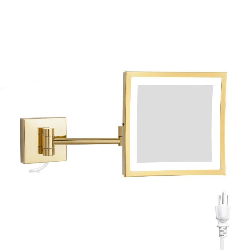 DOWRY Wall Mounted LED Lighted 5X Magnifying Square Makeup Mirror with Plug8 Inch Polished Gold Finished Dowry1802D8x5