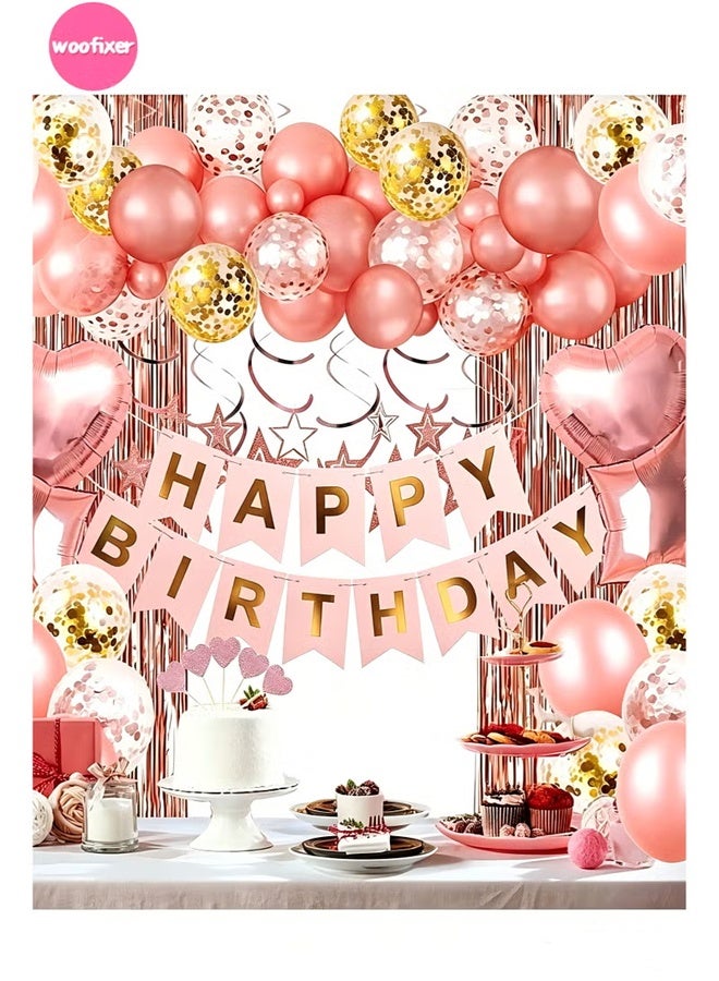 Woofixer Rose Gold Birthday Party Decorations Set Balloons Happy Birthday Banner Tinsel Curtain Heart Foil Balloons Glitter Balloon Kit for Girls Women Birthday Party Supplies - Image 1