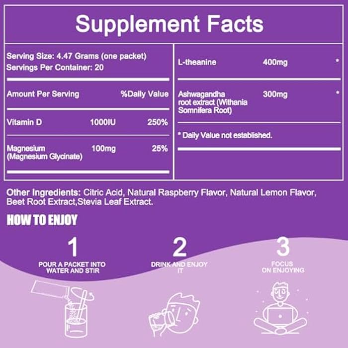 MAINCH Calm Magnesium Powder,Natural Calm Powdered Drink,Cortisol Drink Mix for L-Theanine,Ashwagandha,Magnesium Glycinate,Anti-Stress Drink Mix Powder,Ashwagandha Supplements for Relaxation Sleep-20 Packet - Image 2