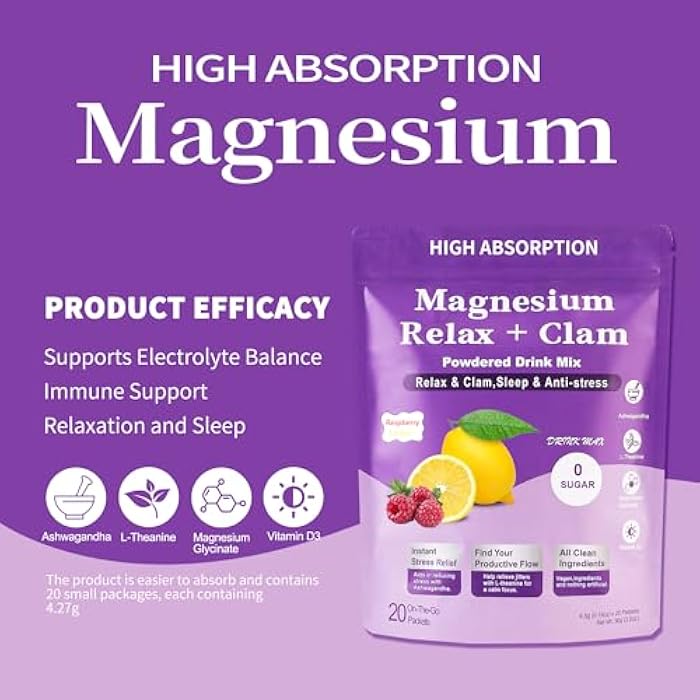 MAINCH Calm Magnesium Powder,Natural Calm Powdered Drink,Cortisol Drink Mix for L-Theanine,Ashwagandha,Magnesium Glycinate,Anti-Stress Drink Mix Powder,Ashwagandha Supplements for Relaxation Sleep-20 Packet - Image 4