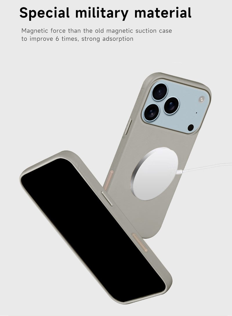 Wtech Apple iPhone 17 Pro 5G 2025 Luxury Leather Magnetic Wireless Charging Case Original MagSafe Shockproof Case Cover (MCMPMN) - Stone Grey - Image 2