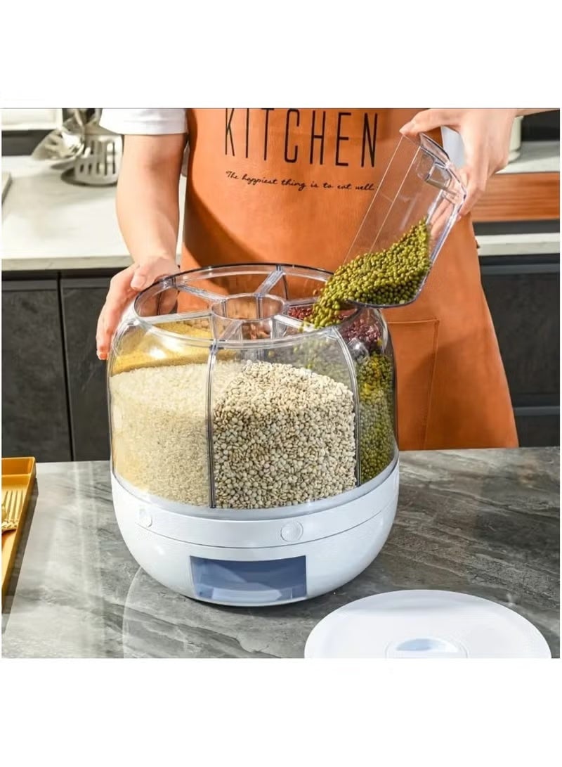 MOSH 1 Set 360-Degree Rotating Grain Storage Box Container, 6-Grid Divided Rice Bucket, Large 20 kg Capacity, Food Grade, Sealed Storage, Transparent Round Kitchen Organizer, Food Grain Cereal Storage Container Dispenser. - Image 3