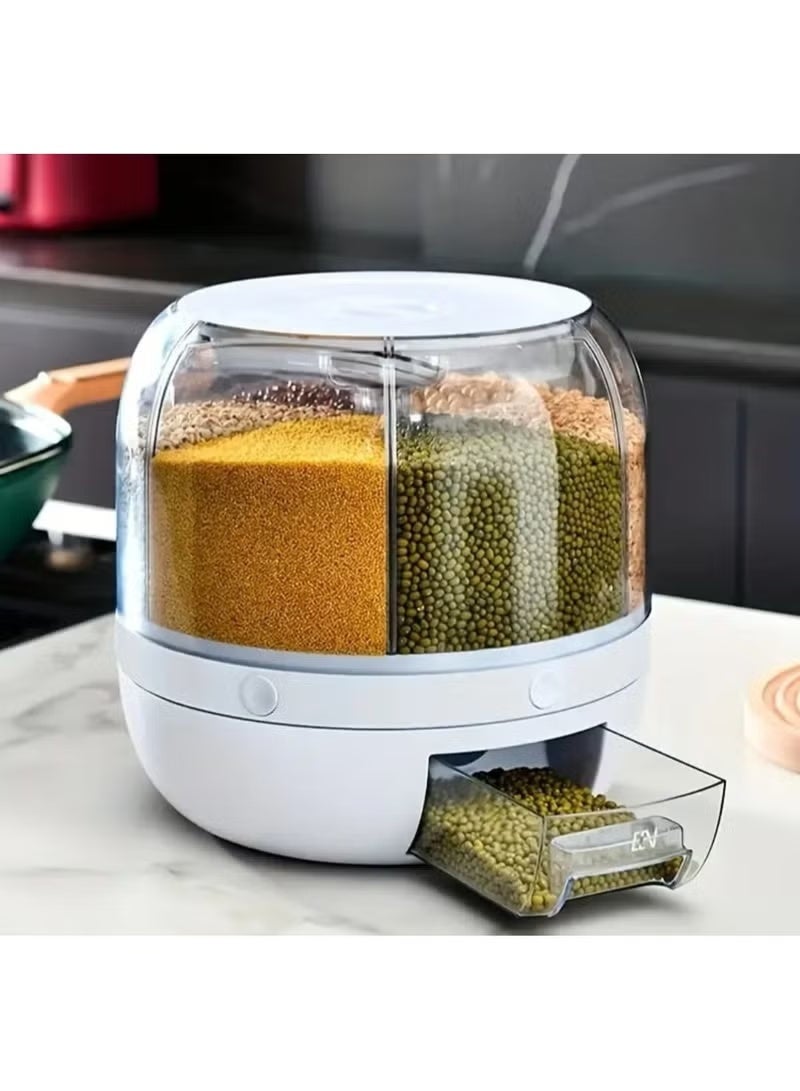 MOSH 1 Set 360-Degree Rotating Grain Storage Box Container, 6-Grid Divided Rice Bucket, Large 20 kg Capacity, Food Grade, Sealed Storage, Transparent Round Kitchen Organizer, Food Grain Cereal Storage Container Dispenser. - Image 4