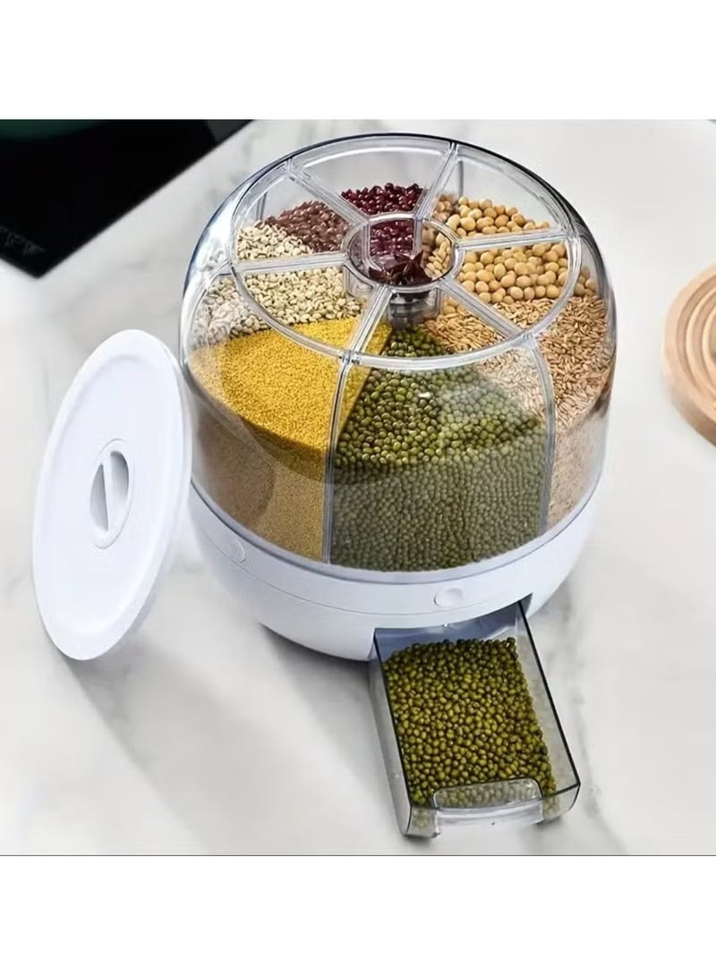 MOSH 1 Set 360-Degree Rotating Grain Storage Box Container, 6-Grid Divided Rice Bucket, Large 20 kg Capacity, Food Grade, Sealed Storage, Transparent Round Kitchen Organizer, Food Grain Cereal Storage Container Dispenser. - Image 1
