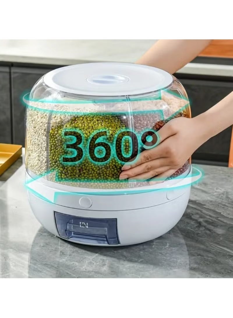 MOSH 1 Set 360-Degree Rotating Grain Storage Box Container, 6-Grid Divided Rice Bucket, Large 20 kg Capacity, Food Grade, Sealed Storage, Transparent Round Kitchen Organizer, Food Grain Cereal Storage Container Dispenser. - Image 5