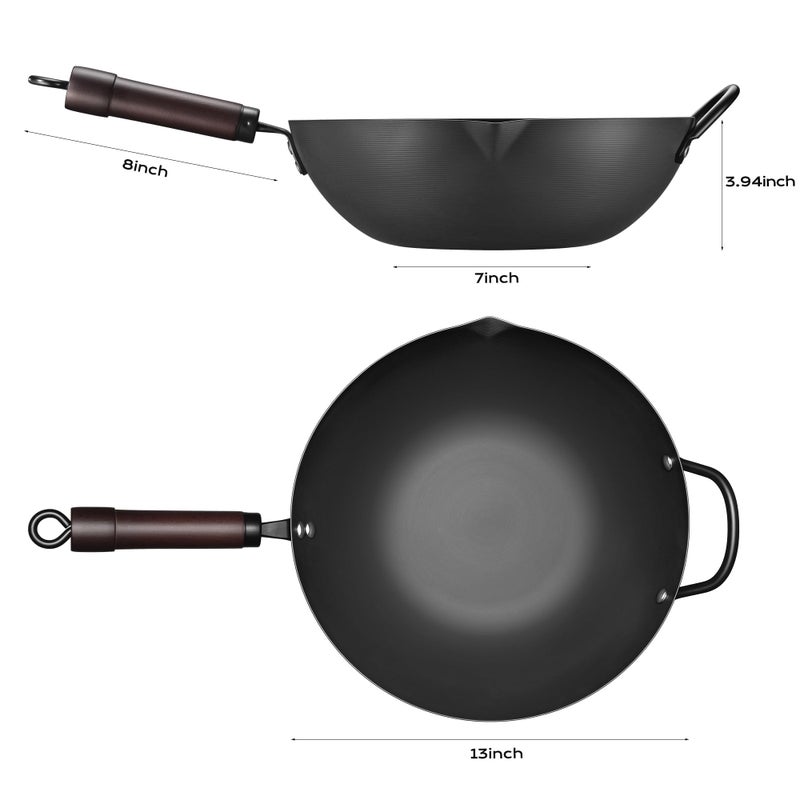 FGJ Wok, 13 Inch carbon steel wok pan with steamer & stir-fry pans nonstick, Pre-Seasoned 5.8QT Flat Bottom Chinese Woks Paella Pan with lid, Carbon Steel Cookware, Compatible with All Cooktops - Image 2