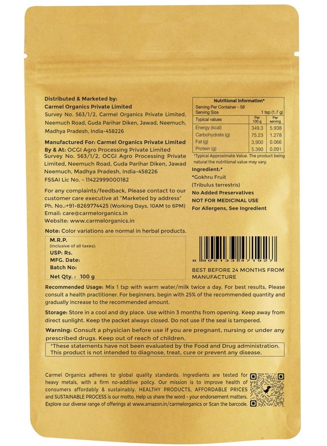 CARMEL ORGANICS CARMEL ORGANICS Gokhru/Gokshura/Tribulus Terrestris Powder 100 Gram, Boost Strength & Stamina Naturally | Non GMO | No Added Preservative or Additives | Palleru/Nerunjil Powder  - Image 2