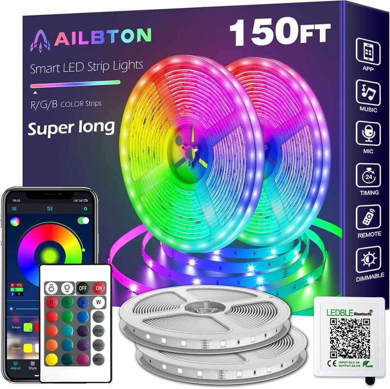 AILBTON 150ft Led Strip Lights(2 Rolls of 75ft led Lights) Ultra Long Led Light Strip with App Voice Control Remote,5050 RGB Music Sync Color Changing Led Lights for Bedroom,Party,Home Decoration - Image 1