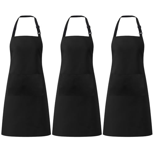 Okxiri 3 Pack Black Aprons for Women with Pockets, Adjustable Water Resistant Cooking Apron Unisex Bib for Chef Men and Women - Image 1