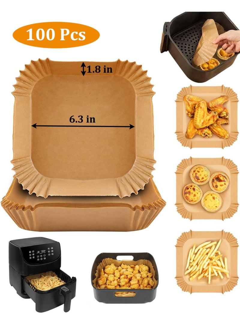ثمانية فيبيهاوس بطانات القلاية الهوائية 100 قطعة من الورق القابل للتصرف، ورق زبدة مقاس 6.3 بوصة غير لاصق، بطانات القلاية الهوائية التي تستخدم لمرة واحدة، ورق مقلاة هوائية مقاوم للزيت للقلي والخبز والتحميص، آمن للاستخدام في الميكروويف، مربع - Image 1