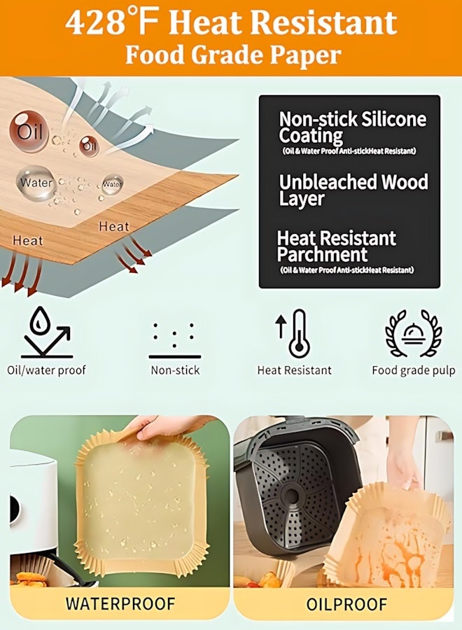 ثمانية فيبيهاوس بطانات القلاية الهوائية 100 قطعة من الورق القابل للتصرف، ورق زبدة مقاس 6.3 بوصة غير لاصق، بطانات القلاية الهوائية التي تستخدم لمرة واحدة، ورق مقلاة هوائية مقاوم للزيت للقلي والخبز والتحميص، آمن للاستخدام في الميكروويف، مربع - Image 3