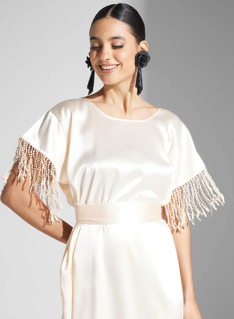 hayas closet Fringed Sleeve Maxi Dress